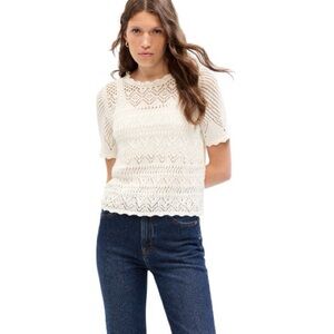 Gap‎ Sweater Women's Size Medium White Crochet Short Sleeve Cotton Knit Top